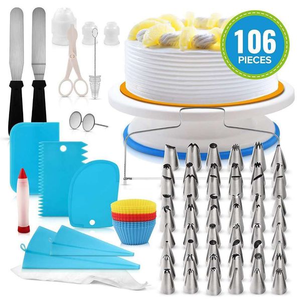 Multifunctional cake decorating kit with turntable, pastry tubes, and fondant tools for baking and dessert preparation