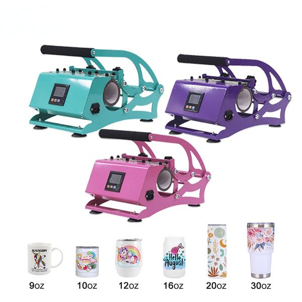 Multifunctional heat press machine for sublimating various tumbler sizes including 12oz, 20oz, and 30oz straight cups and mugs, designed for easy DIY use