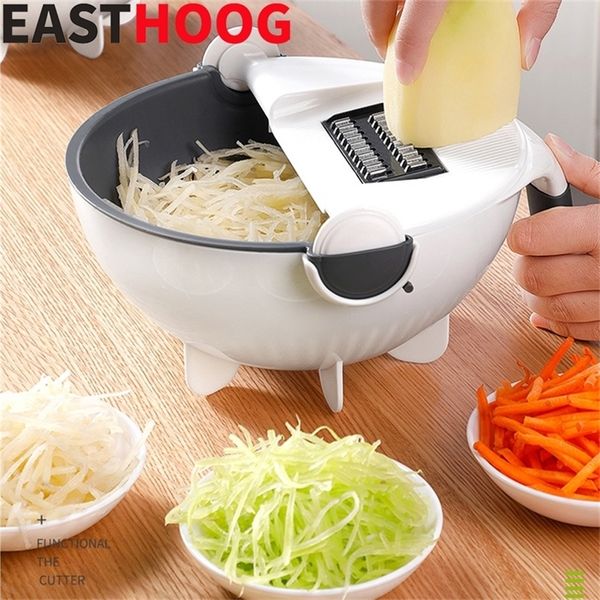 Multifunctional kitchen gadget for slicing, grating, and shredding vegetables and fruits with a drain basket
