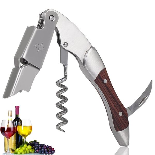 Multifunctional wooden-handle corkscrew for professional wine and beer opening