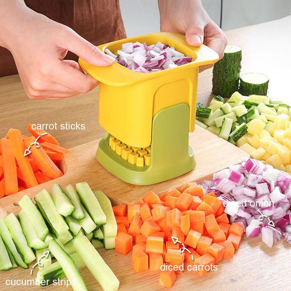 Multipurpose kitchen tool for dicing vegetables like carrots, cucumbers, and potatoes by hand pressure