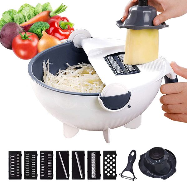 Multipurpose veggie slicer with drain basket, adjustable mandoline for potatoes and vegetables, plus shredder and grater kitchen tool