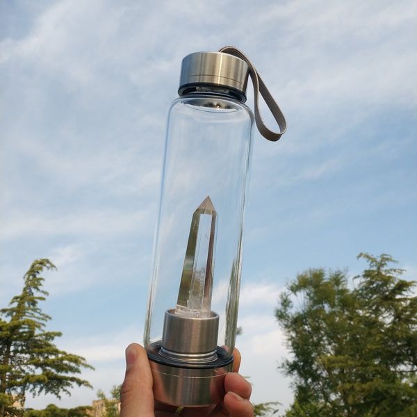 Natural Quartz Gemstone Crystal Glass Elixir Water Bottle Point With Crystal Wand Healing