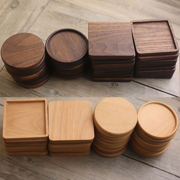 Natural wood coasters for drinks, heat-resistant and non-slip, in various wood types like beech and walnut, perfect for home or bar decor