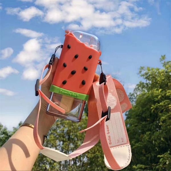 New stylish summer donut ice cream water bottle featuring a straw, creative square watermelon design, portable, leakproof, and BPA-free tritan material