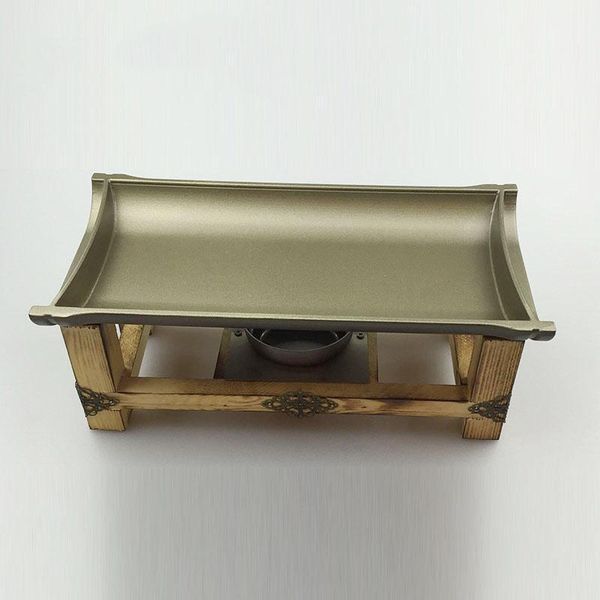 Non-stick grill plates for Teppanyaki, BBQ skewers, aluminum chafing dish with wooden stand, buffet heater for food warming