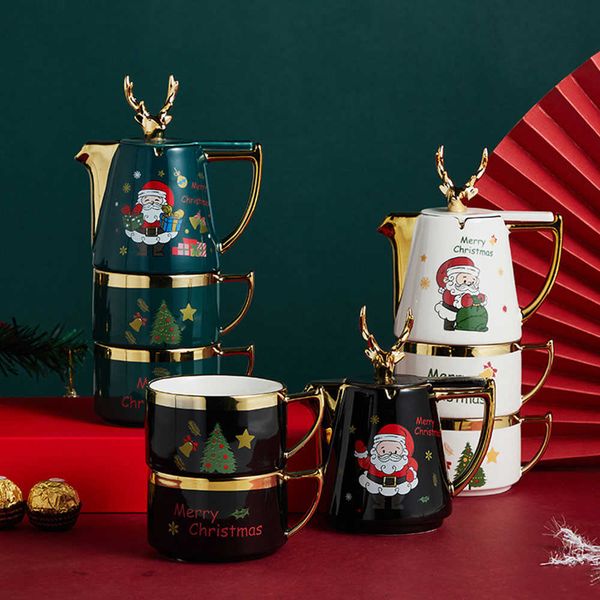 Nordic Christmas ceramic tea set featuring Santa Claus, elk design, and thermal tableware for home gifting