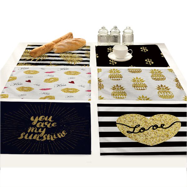 Nordic Kitchen Black Gold Heart Lips Letter Printed Placemats for Dining Table Accessories Pineapple Cat Stripe Bar Mat Coaster T200703  

Rewritten:  
Nordic-style black and gold placemats featuring heart, lips, and letter prints, perfect for dining tables or as bar coasters with pineapple, cat, and stripe designs