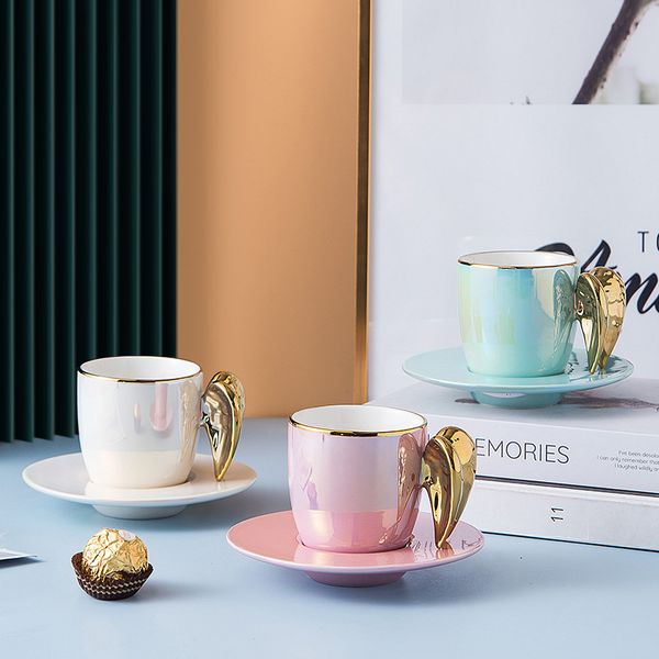 Nordic Porcelain Gold Angel Wing With Saucer Colorful Ceramic Coffee Tea Cup Set New Home Decor Luxury Wedding Birthday Gift