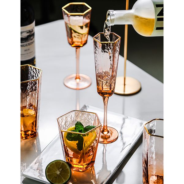Nordic premium hexagonal hammered gold-trimmed crystal champagne glass for whiskey or water at home