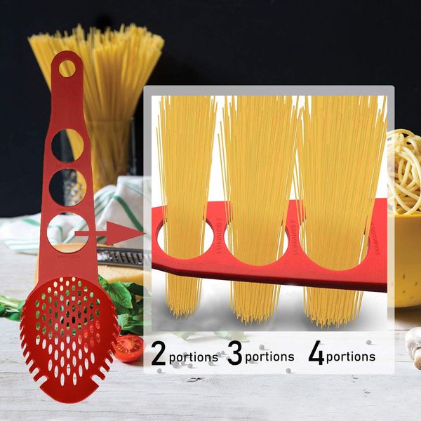 Nylon spaghetti server with non-stick pasta fork, slotted spoon, food strainer, spaghetti measure tool, and kitchen ladle