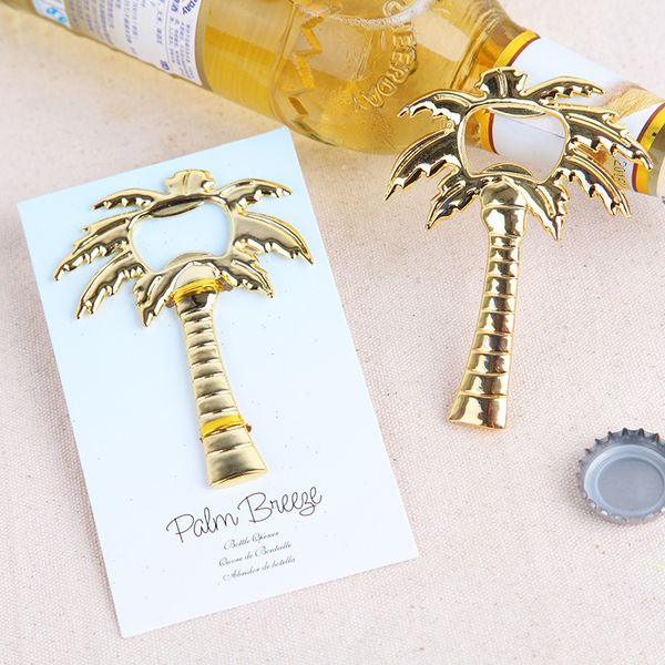 Palm Breeze Chrome Bottle Opener in gold, featuring a coconut tree design, perfect for beach-themed weddings as favors