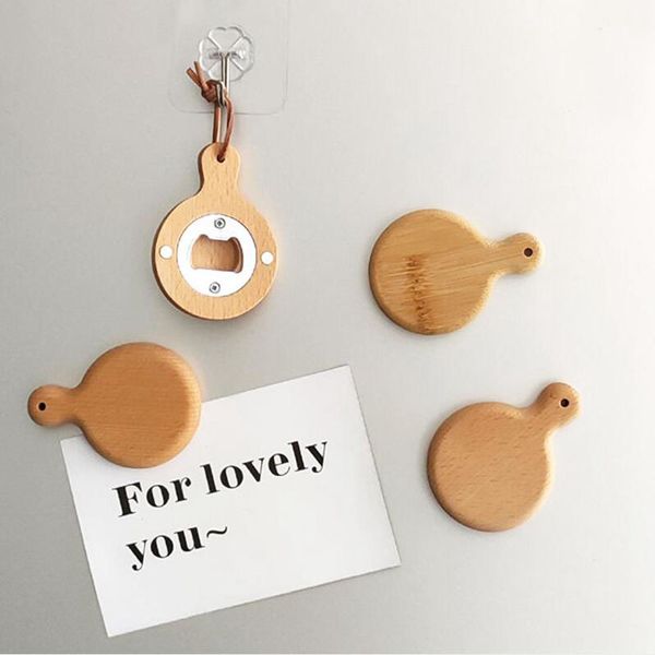 Pan-shaped bamboo wooden bottle opener with handle coaster fridge magnet decor, free logo engraving available