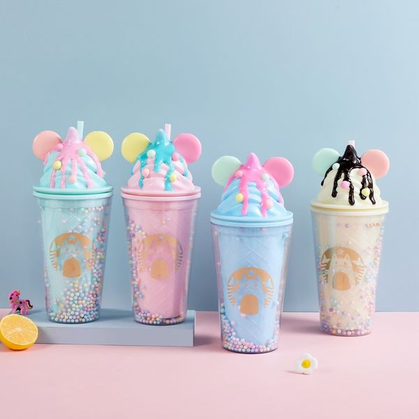 Pattern Double Layer Plastic Straw Bottle Innovative Household Gift Ice Drink Tumbler Cup Mugs