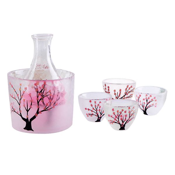 Pink Sakura Sake Warmer Set with Cherry Blossom Glass Carafe and Shot Cups, a Japanese-inspired Drinkware Gift