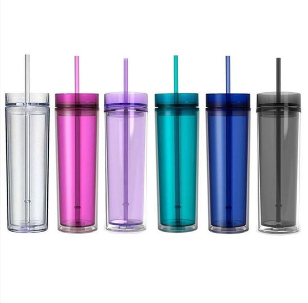 Plastic cups and mugs in transparent PS acrylic with straws, stylish double-layer office bottles available in 6 colors, 10 pieces per set