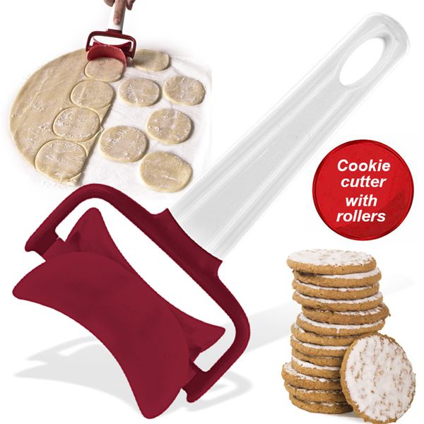 Plastic dough press for making round dumplings, ravioli, and pies with a circular cutter mold