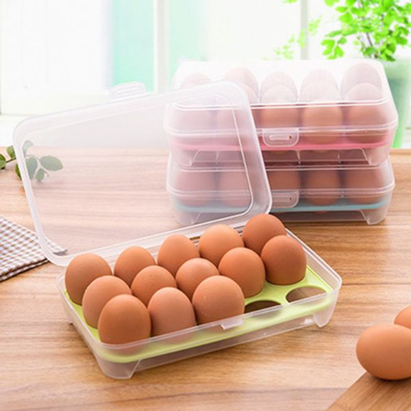 Plastic egg storage container for fridge, holds 15 eggs, portable for outdoor use