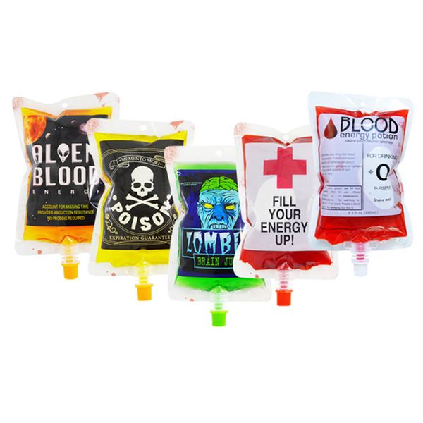 Plastic Halloween juice pouches with zombie-themed spouts, 20-pack for drink storage