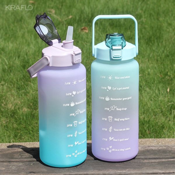 Portable 2L water bottle with time markers, straw, and motivational design for sports and hydration