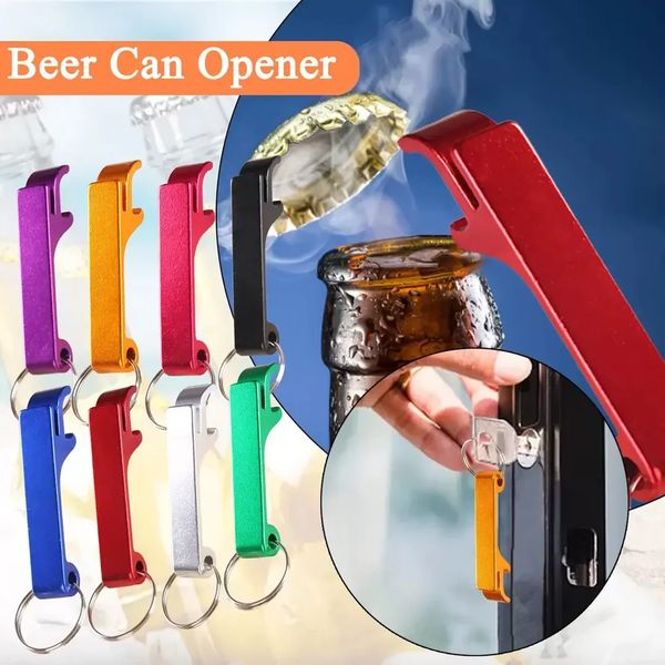 Portable aluminum keychain bottle opener for beer cans, a handy bar tool and summer beverage accessory