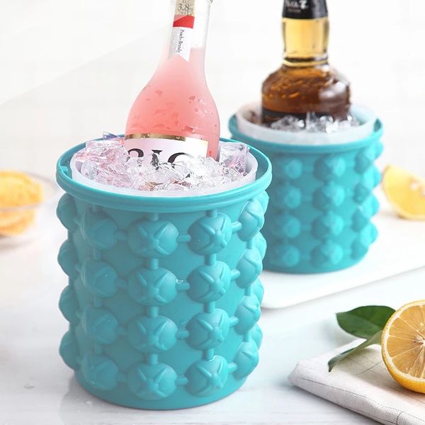 Portable dual-purpose large silicone ice cube tray for wine, beer, and beverage chilling in kitchen or party settings with included lids