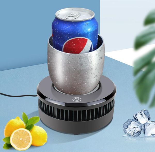 Portable electric cooler for beverages with aluminum mugs, ideal for quick desktop cooling of drinks like beer and cola