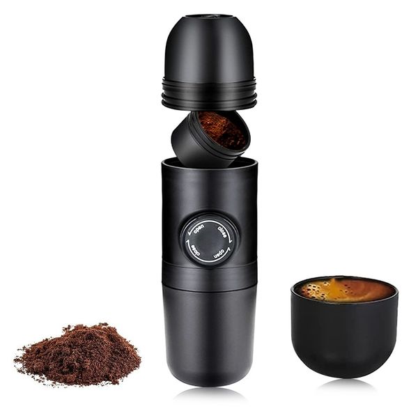 Portable espresso coffee maker with cups for travel, camping, and outdoor use