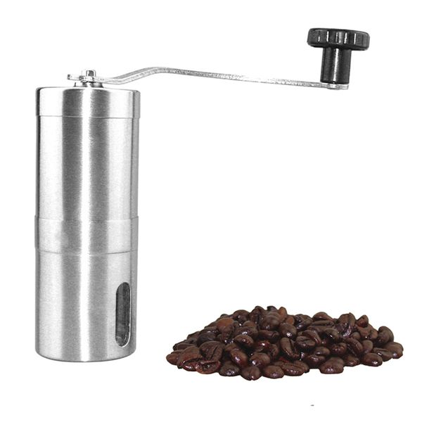 Portable manual coffee grinder with stainless steel burrs for home and travel use
