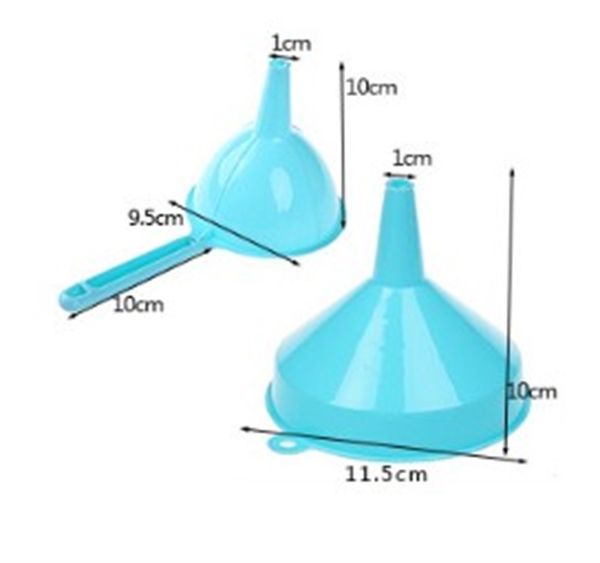 Portable plastic funnel for liquid transfer in home kitchens, featuring a long handle and pure color design
