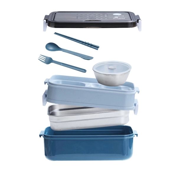 Portable, stackable kids' lunch box with stainless steel and plastic leak-proof insulated bento for food and soup storage