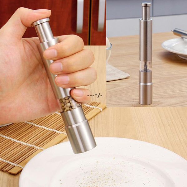Portable thumb-operated stainless steel pepper mill for kitchen spice grinding