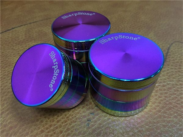 Rainbow sharpstone grinders in zinc alloy, 40-63mm diameter, 4-part herb crushers for ice and herbs