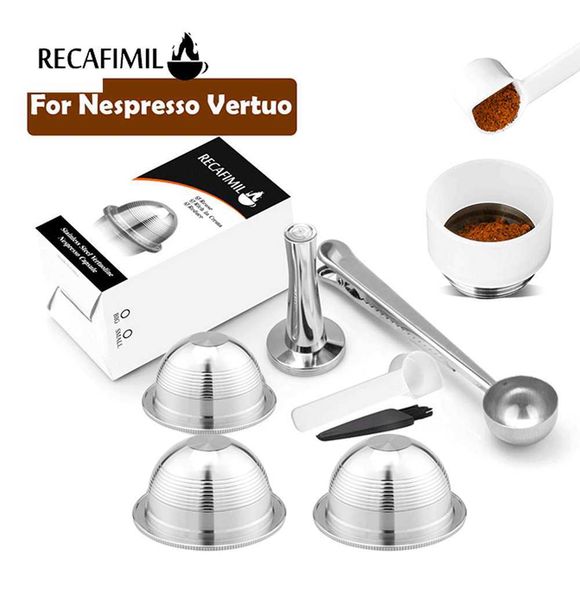 Recafimil reusable coffee capsules compatible with Nespresso Vertuo machines, offering rich crema in 230ml espresso pods