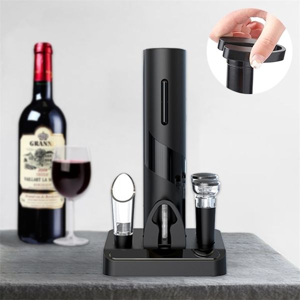 Rechargeable electric wine opener with one-touch button and built-in foil cutter, perfect for wine lovers at parties and bars