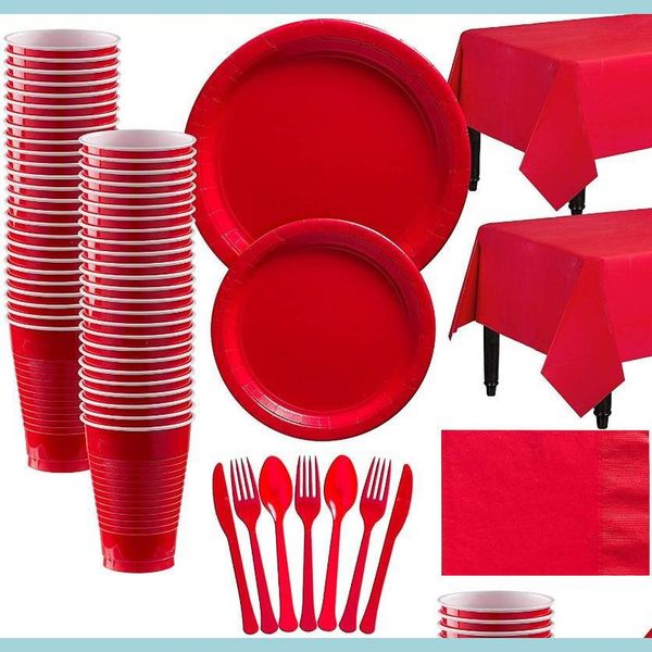 Red disposable party set with plates, cups, and napkins for birthdays, baby showers, and Christmas