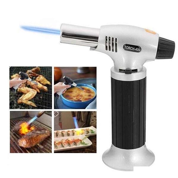 Refillable butane torch for cooking, creme brulee, and culinary tasks
