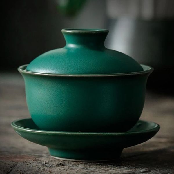 Retro-style dark green glazed Japanese ceramic gaiwan tea bowl
