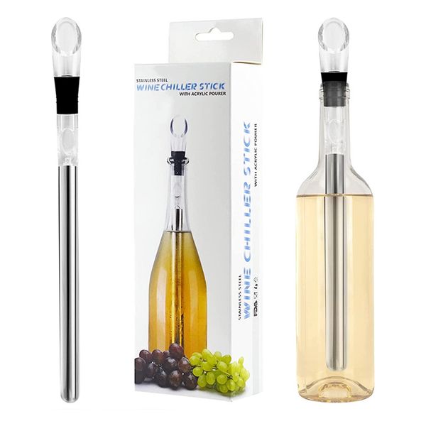 Reusable triple-purpose stainless steel wine chiller sticks for rapid cooling of red wine bottles and beverages with built-in aerator