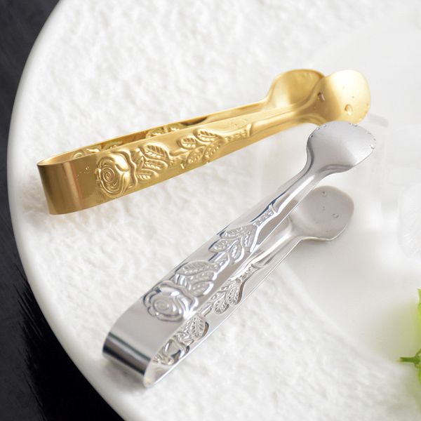 Rose-engraved mini sugar tong for kitchen and bar use