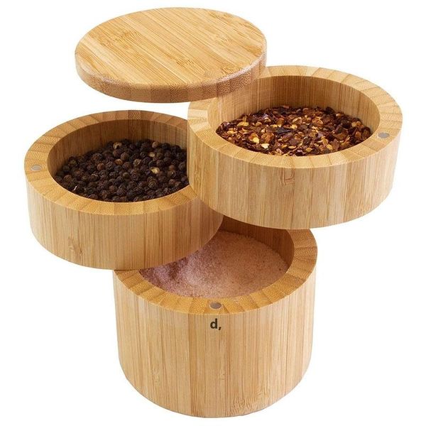Round bamboo storage container with swivel magnetic lids for spices and kitchen tools