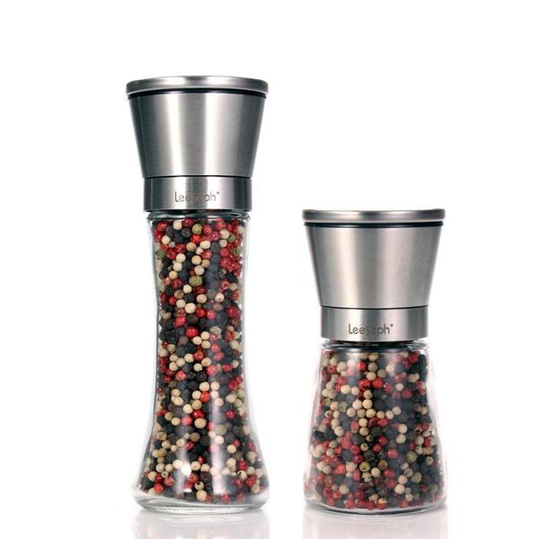 Salt and Pepper Grinder Set with 2 Adjustable 304 Stainless Steel Mills and Thick Glass Body