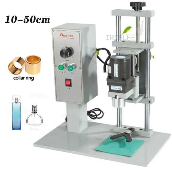 Semi-automatic electrical desktop capping machine for 10-50mm caps on perfume collars, rings, tobacco tars, and bottles