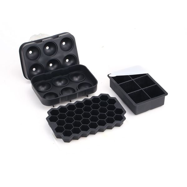 Set of 3 large silicone ice cube trays with lids, perfect for whiskey cocktails and ice cream, reusable and BPA-free