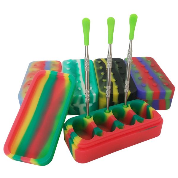Silicone 75ml rectangular 4-compartment food-grade non-stick unbreakable wax and concentrate storage jars with included carving tool