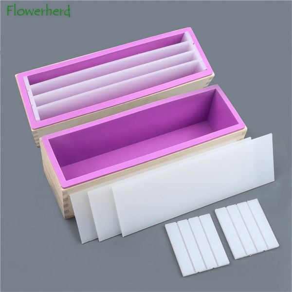 Silicone soap mold with 1200ml capacity for rectangular toast-shaped cakes, featuring a wooden box and separate partitions as baking accessories