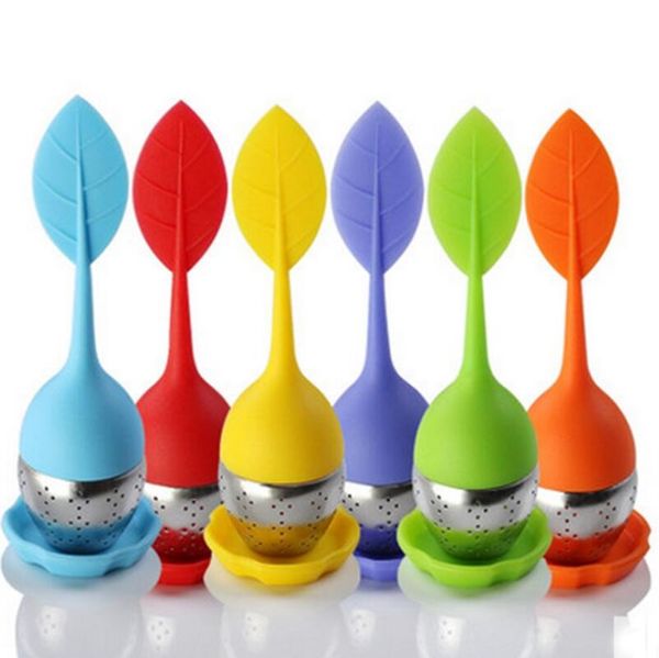 Silicone tea infuser with food-grade material, available in 6 colors, featuring stainless steel strainer for tea filtering