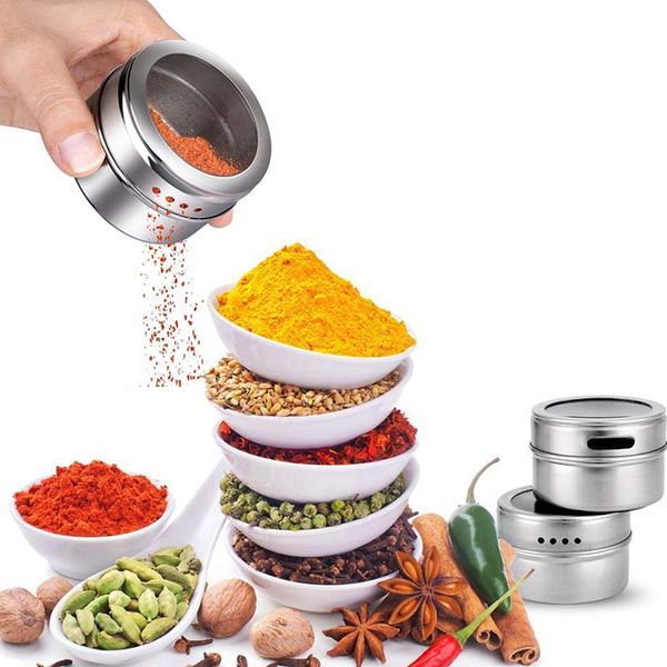 Small stainless steel spice containers for salt, pepper, and powder storage in home kitchens