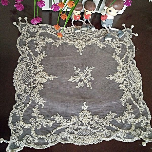 Square 38cm European-style fabric coaster with embroidered beading, ideal for tea sets, fruit plates, or as a decorative vase pad and dining table mat