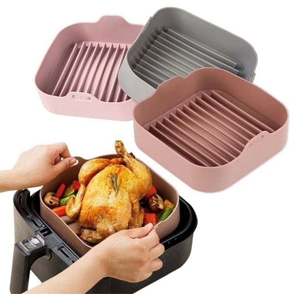Square silicone pot for air fryers, baking tray for bread, chicken, pizza, grill pan replacement accessory